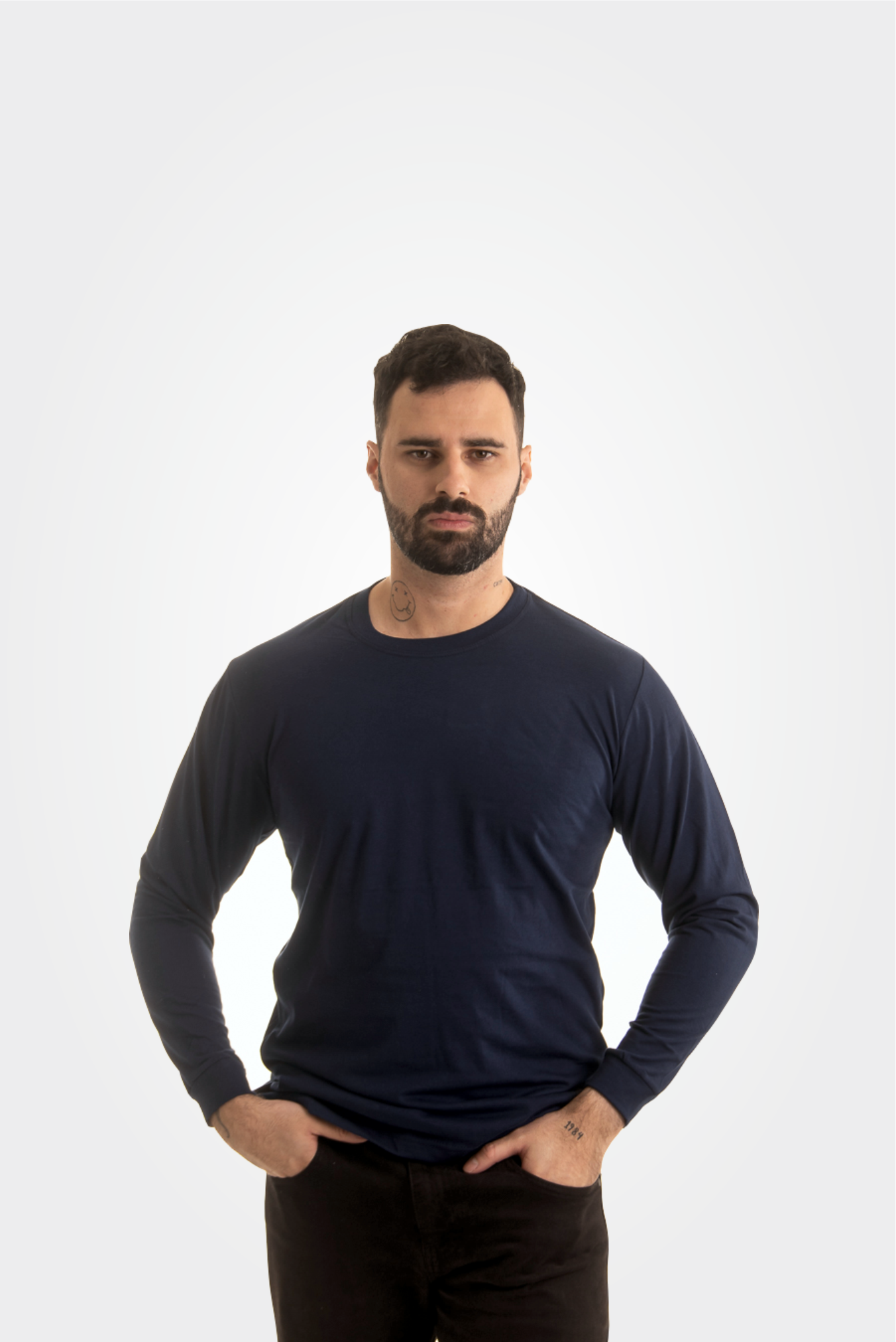 Manga longa 100% algodão azul marinho